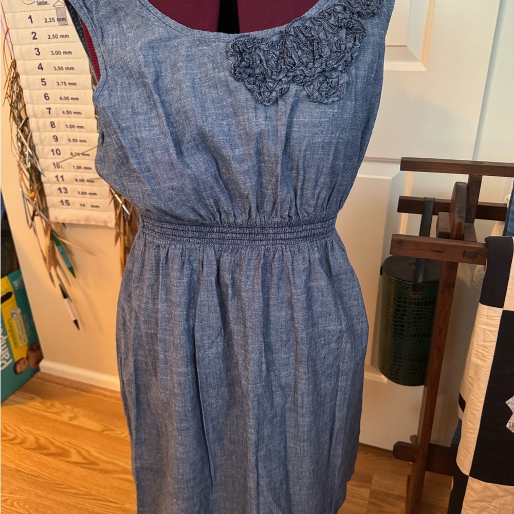Merona Chambray Blue Dress with Floral Accent